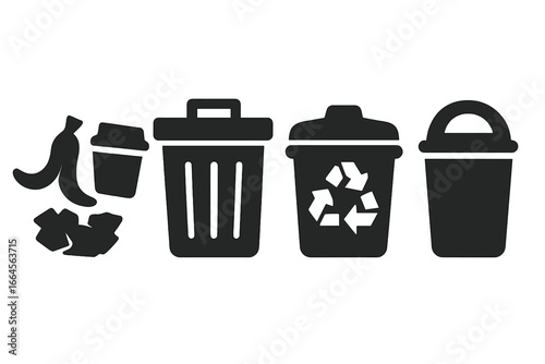 Waste management bins and trash can lineup solid icon set. Eco-friendly recycling, compost, general waste, and litter sorting vector illustration. Environmental conservation transparent background.