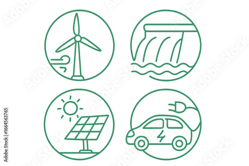 Renewable energy sources icons set. Wind turbine, hydroelectric dam, solar panel, electric vehicle. Clean energy, sustainable power, green technology, eco-friendly transport vector illustration