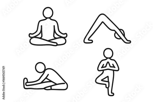 Yoga pose outline icon set for meditation, fitness, relaxation. Vector cartoon illustration in minimalist line art style. Four diverse yoga postures for wellness and mindfulness concepts.