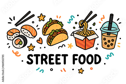 Cartoon street food doodle vector illustration with sushi, tacos, noodles, bubble tea, chopsticks, cute art icons, stars, hearts, transparent background, multicultural fast food snack variety