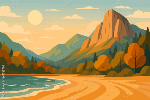 Autumn landscape vector illustration. Mountain valley with sandy beach, lake and forest. Beautiful nature scenery with sun, clouds at sunset. Flat design background for travel.