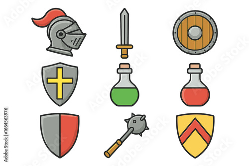 Medieval knight elements vector set. Armor helmet, sword, wooden shield, magic potions, crusader shield, mace weapon, heraldic shields. Cartoon fantasy RPG game icon illustration, stock image clipart.