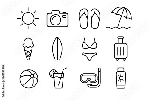Summer beach vacation and holiday essentials line icon set with transparent background. Minimal vector cartoon illustration includes travel, beach, leisure, sun, sea, and tropical relaxation items.