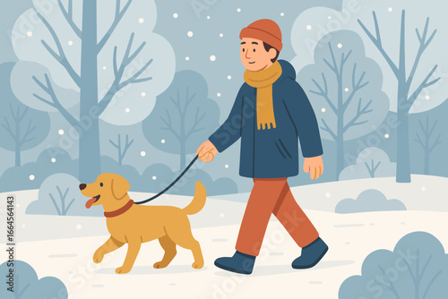 Man walking his happy dog on a leash in a snowy winter park. Pet owner enjoying outdoor leisure activity with a canine companion. Friendship and pet care concept. Flat vector.
