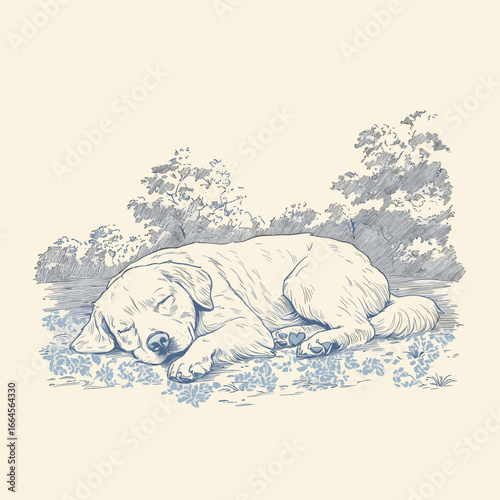 Sleeping puppy surrounded by plants