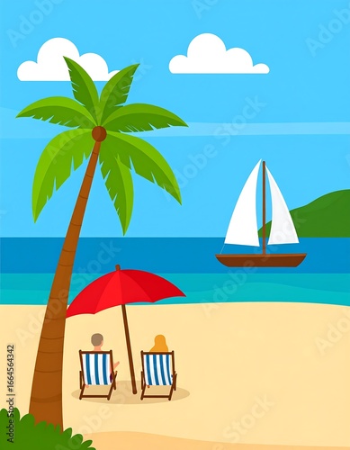 Tropical beach scene with couple relaxing
