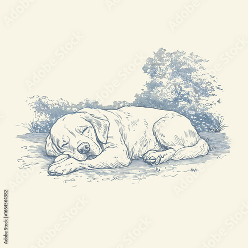 Sleeping puppy surrounded by plants
