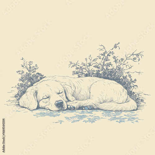 Sleeping puppy surrounded by plants