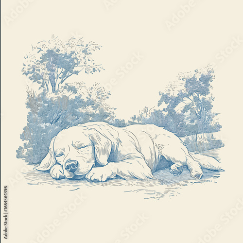 Sleeping puppy surrounded by plants