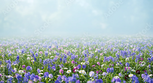 Misty Spring Wildflower Meadow, Soft Blue & White Blooms