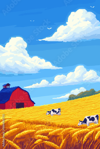 Sunny Farm Landscape with Barn and Cows