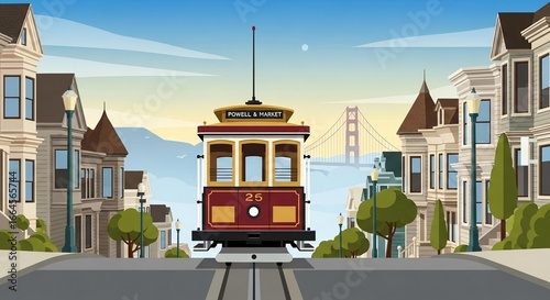A classic San Francisco cable car climbs a steep hill with Victorian houses and the Golden Gate Bridge in the background.