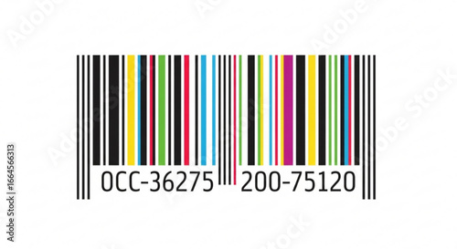 Barcode with numbers and colorful stripes, representing a product code or identification for consumer goods and services