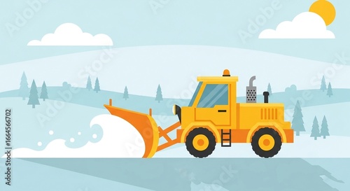 Illustration of a yellow snowplow truck clearing a road in a snowy winter landscape with trees.