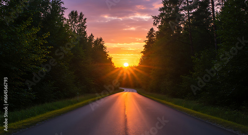 Sunset Road Through Forest, Summer Evening, Asphalt Path