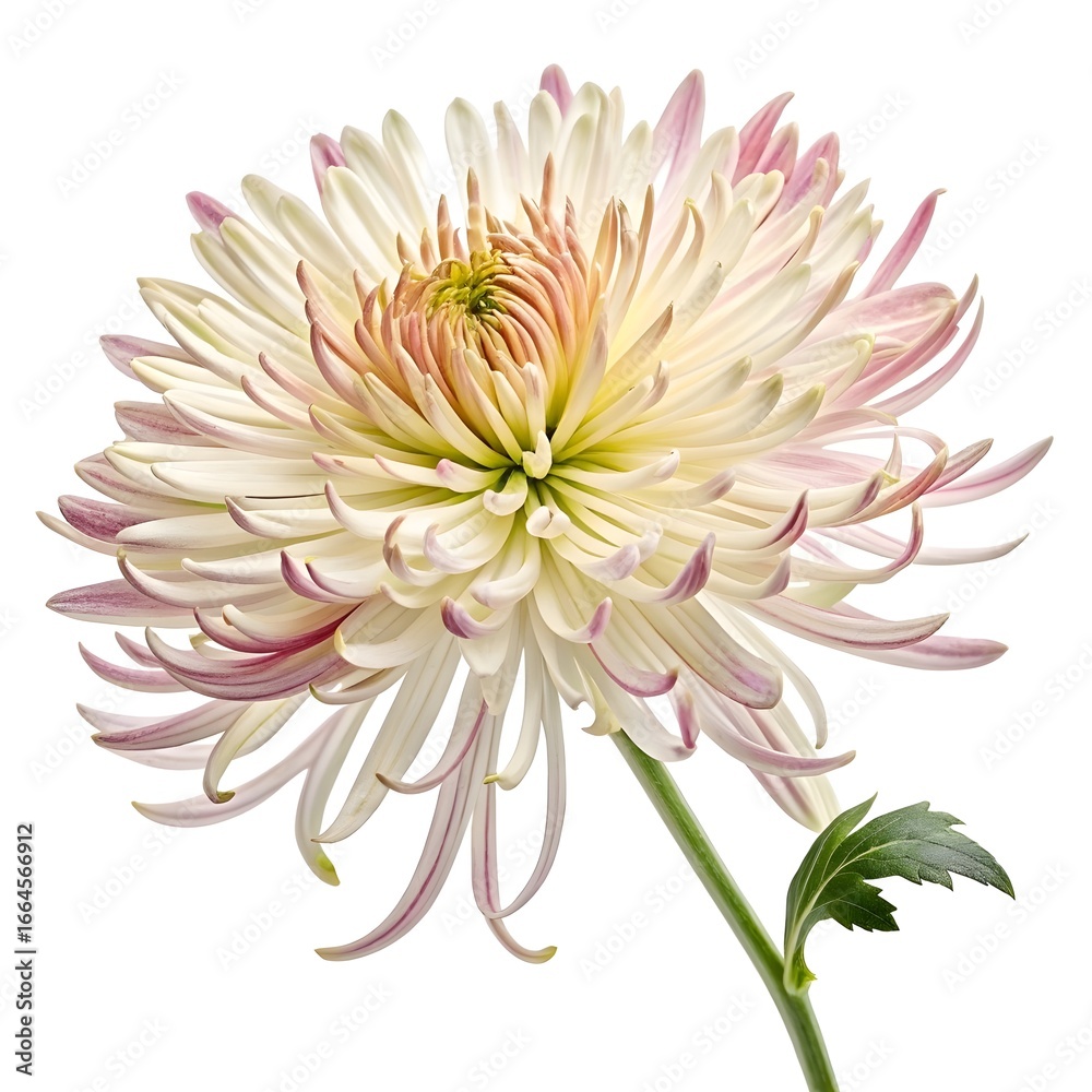 Obraz premium Spider Mum Dramatic Bloom with Long Spiky Petals and Bold Botanical Elegance Captured in Minimalist Still Life on Pure White Background for Decorative and Seasonal Floral Stock Photography