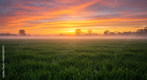 Sunrise over Misty Green Field