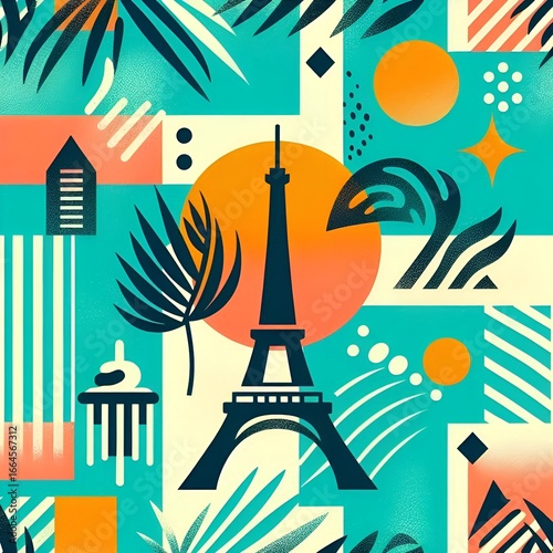 Abstract Eiffel Tower Digital Illustration – Turquoise and Orange Geometric Composition