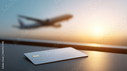 Credit card on airport window ledge with airplane taking off in background during sunset, symbolizing travel and finance freedom