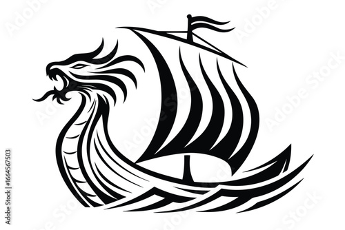 Fun Viking Ship with Cartoon Character, Black and White on White Background