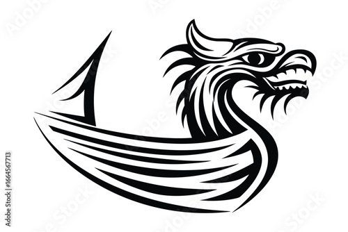 Black Viking Ship Drakkar with Dragon Head on White Background Icon Style