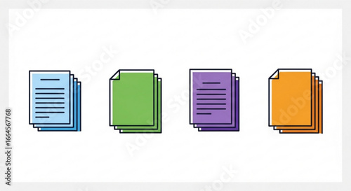 Set of colorful document stack icons for business paperwork, data classification, and digital file organization. A simple vector graphic collection