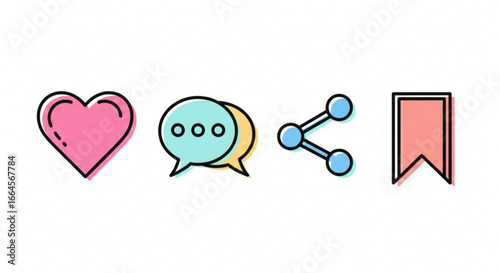 Social Media Icons Heart, Chat, Share, and Bookmark Symbols for Communication