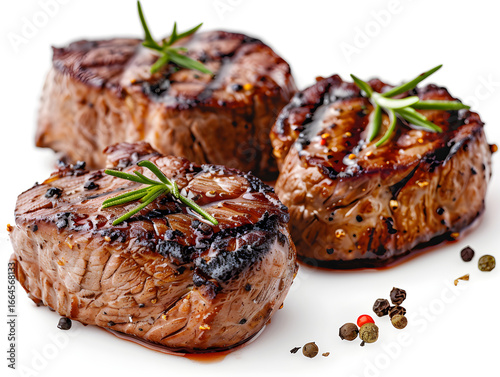 High resolution high clarity image of Grilled steak tenderloin medallions delicious meat food gourmet dinner isolated on transparent background, studio product photo on a clean white background, isola