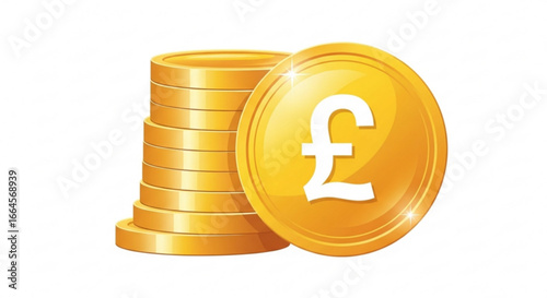 Golden Pound Sterling coins illustration, showing a stack and a single coin. Represents British currency, finance, and wealth. Ideal for banking, investment, and economic concepts