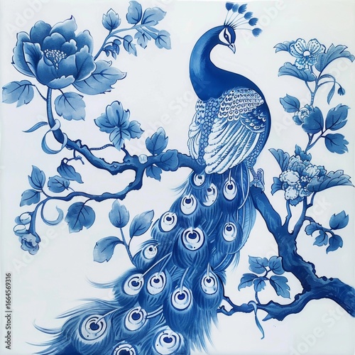 Stylized blue and white illustration of a peacock on a branch with peonies and foliage