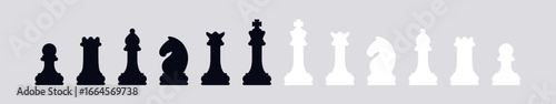 Set of chess pieces isolated. Vector illustration of classic chess figures king, queen, rook, bishop, knight, and pawn. Black and white game icons for strategy, competition, and board game design.