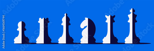 Set of chess pieces isolated. Vector illustration of classic chess figures king, queen, rook, bishop, knight, and pawn. Black and white game icons for strategy, competition, and board game design.
