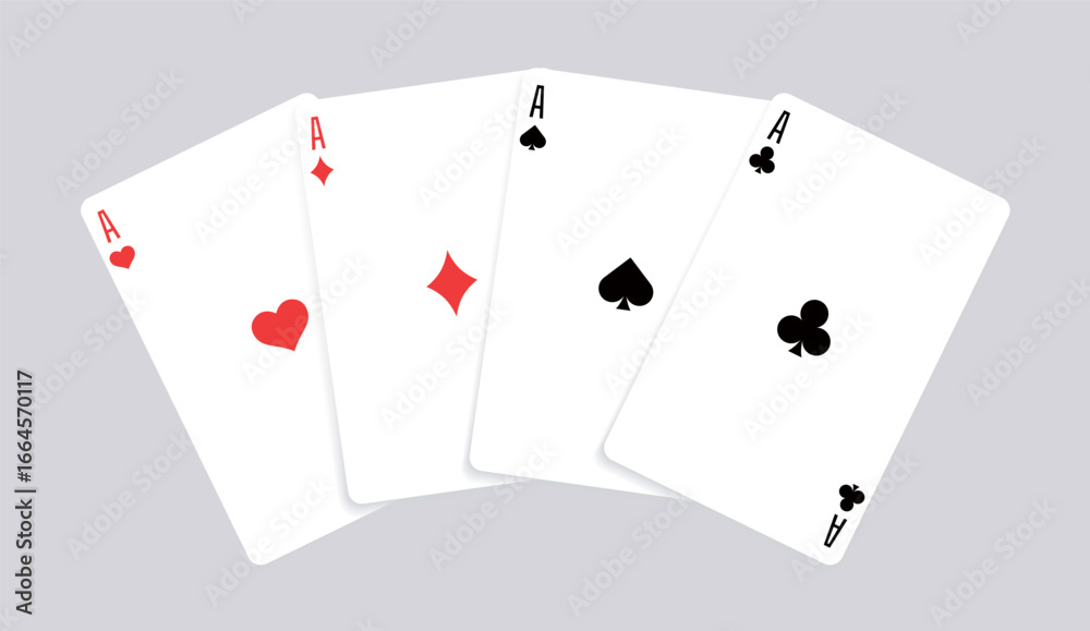 Obraz premium Vector illustration of four aces fanned out. Spade, heart, club, and diamond aces arranged in a fan layout. Perfect for poker, casino, gambling, and entertainment graphic projects.