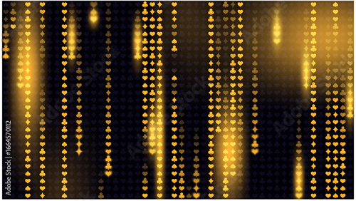 Vector illustration of playing card suit symbols floating vertically, glowing golden on a dark background. Dynamic, futuristic style. For casino, poker, gambling and digital entertainment design.