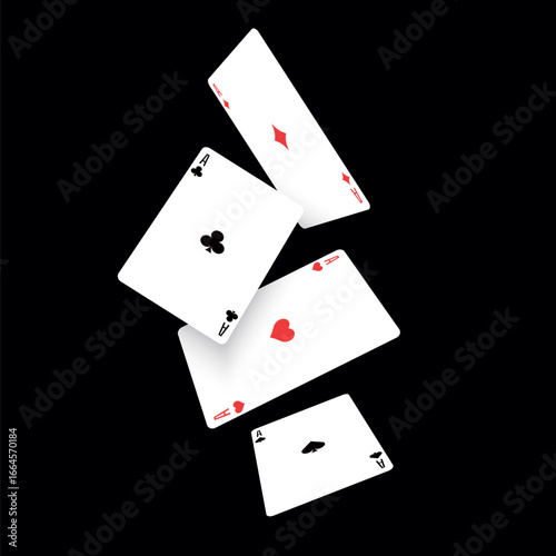 Vector illustration of playing cards floating in the air. Spade, heart, club, and diamond aces in dynamic arrangement. Perfect for poker, casino, gambling, entertainment, and graphic projects.