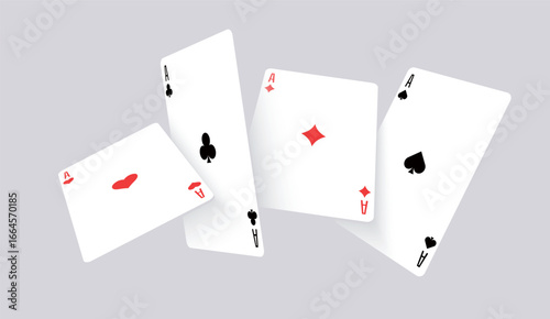 Vector illustration of playing cards floating in the air. Spade, heart, club, and diamond aces in dynamic arrangement. Perfect for poker, casino, gambling, entertainment, and graphic projects.