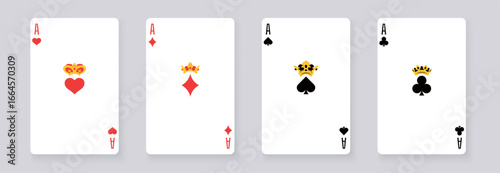 Vector illustration of four aces playing cards set. Spade, heart, club, and diamond aces isolated on white background. Perfect for casino, poker, gambling, and entertainment designs.
