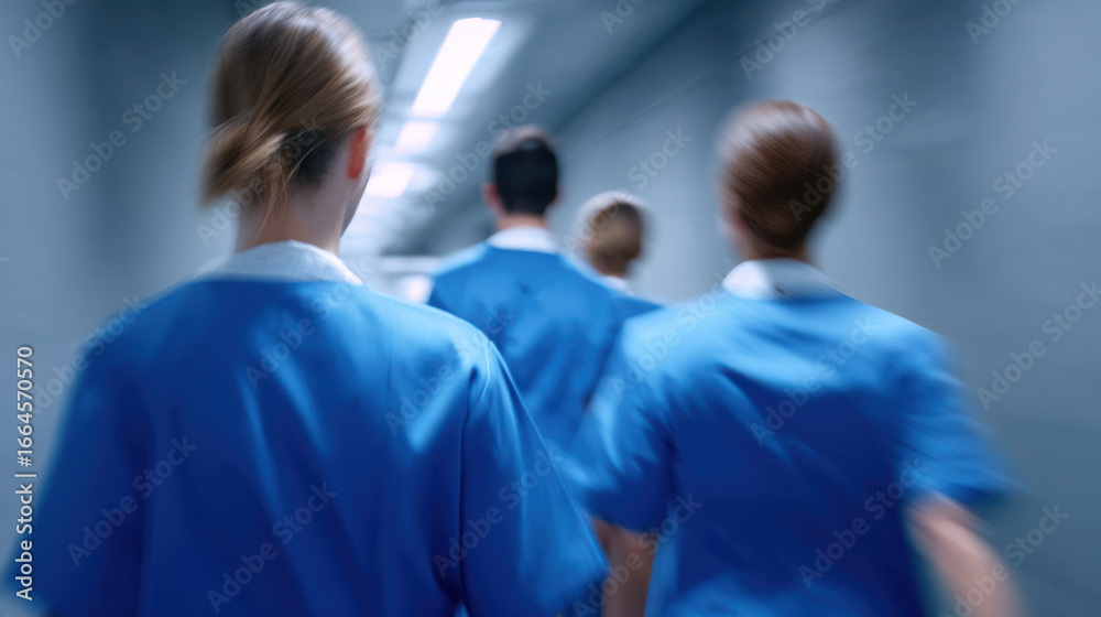 Fototapeta premium Group of nurses in blue scrubs walking down hospital corridor with sense of urgency and teamwork in clinical environment