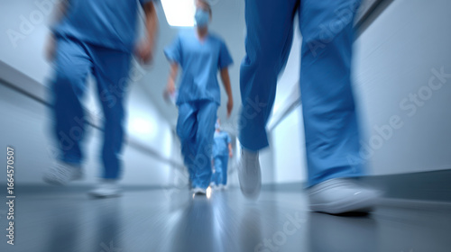 Medical staff walking in hospital corridor wearing blue scrubs and white shoes, busy healthcare workers moving quickly