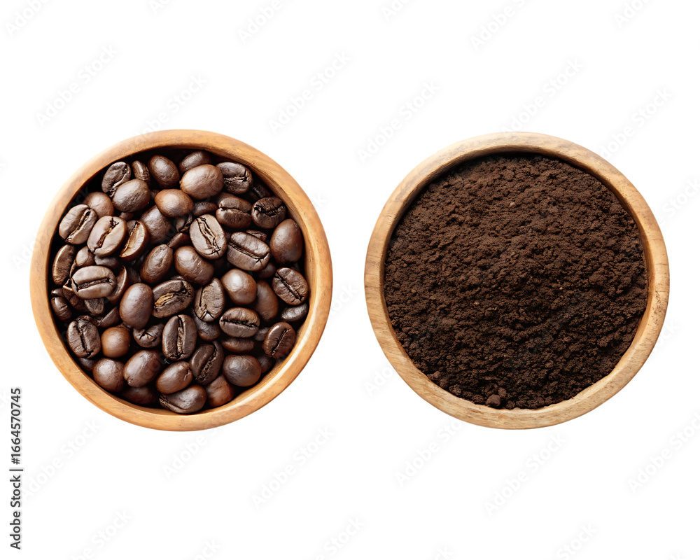 Fototapeta premium Coffee beans ground coffee wooden bowls isolated on a transparent background