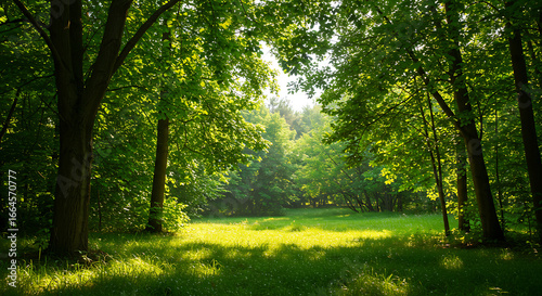 Sunlit Forest Clearing, Lush Green Trees, Summer Meadow