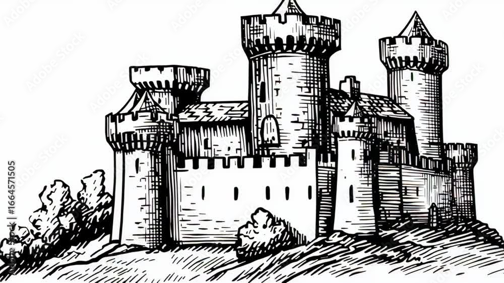 A black-and-white sketch of a medieval castle with a moat and towers ...