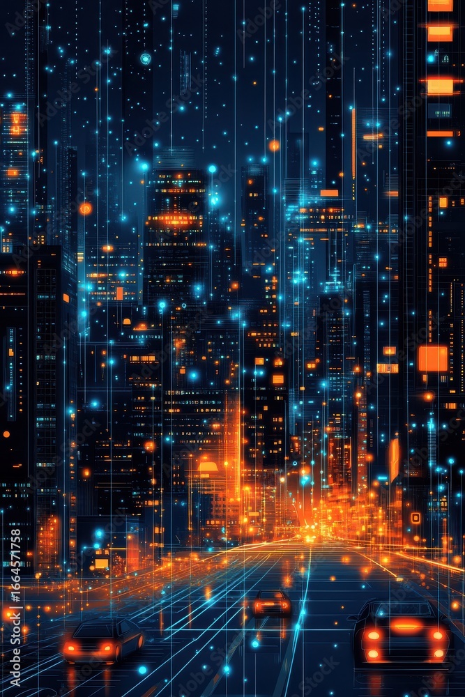 Obraz premium Futuristic city skyline with glowing digital technology representing a smart, interconnected urban landscape at night