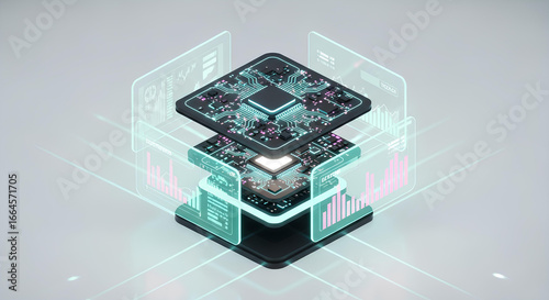 Futuristic AI Processor Chip with Glowing Holographic Data Visualization, 3D CPU Microchip, Quantum Computing Core Technology, AI Processor, Data Processing Futuristic Chip.