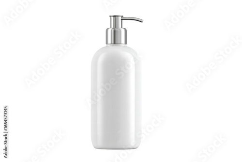 A white bottle with a silver cap sits on a white background. The bottle is empty and has a silver cap