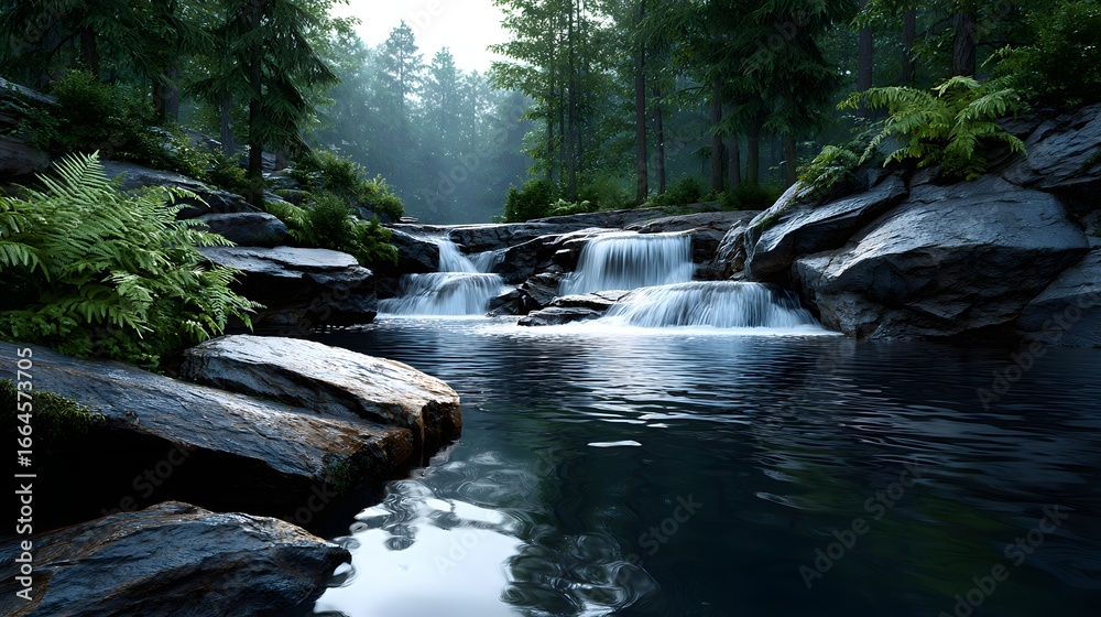Obraz premium Peaceful Waterfall Flowing Through Rocky Landscape Surrounded by Lush Forest and Gentle Sunlight