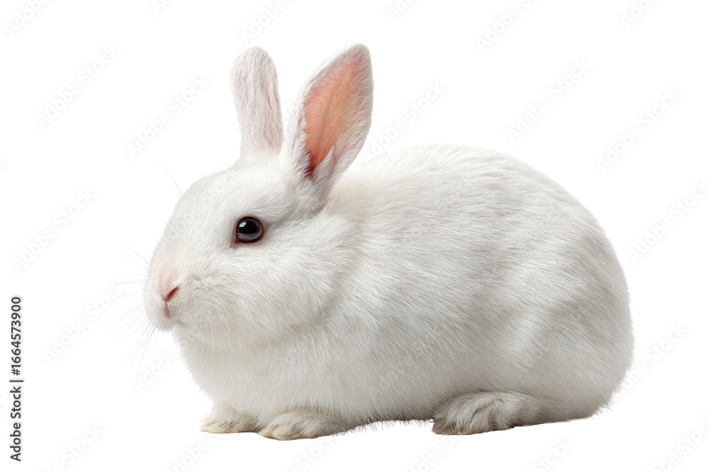 Obraz premium A white rabbit is sitting on a white background. The rabbit is looking at the camera with its eyes wide open