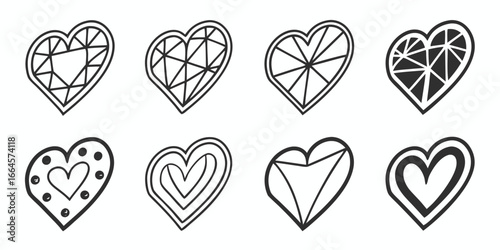 Collection of HandDrawn Heart Illustrations with Geometric Designs.