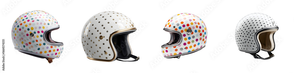 Fototapeta premium Four Retro Motorcycle Helmets with Colorful Dots on White