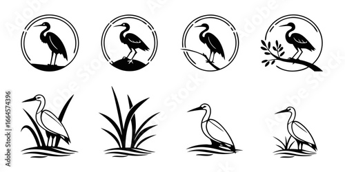 Collection of Heron Bird Stylized Icons and Logos.